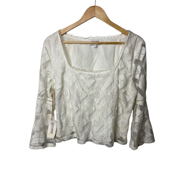 Shyanne Diamond Embroidered Mesh Top Ivory Bell Sleeve Lace Boho Western Sz L - Picture 2 of 10